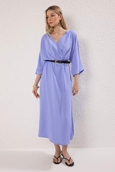 Trendyol Collection Сукня міді А-силуету з поясом індиго, ткана сукня з двобортним коміром Aerobin