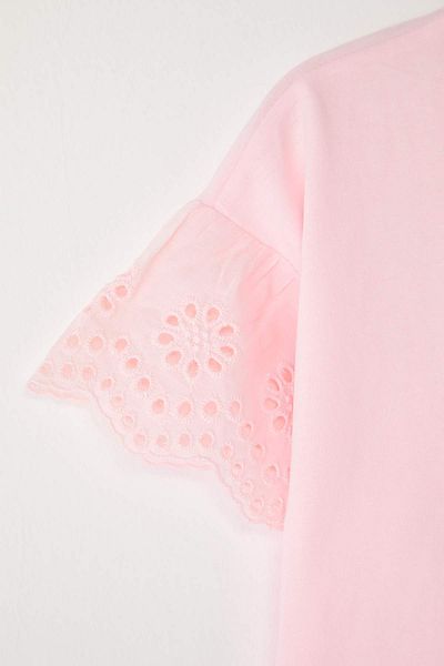 TRENDYOLKIDS Powder Girl's 100% Cotton Brode Detailed Short Sleeve Knitted T-Shirt/Blouse Tkdss24Ts00008