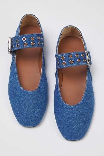 TRENDYOL SHOES Blaue Denim-Ösen-Schnalle, mandelförmige Zehenpartie, Mary Jane-Ballerinas für Damen TAKSS25BE00050