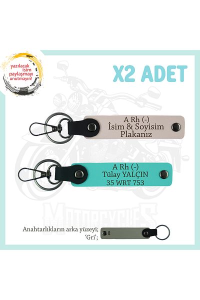 miawiki Name Plate and a Rh (-) Blood Group Written Leather X2 Keychain, Powder-Turquoise-Gr, Custom for Biker Passengers