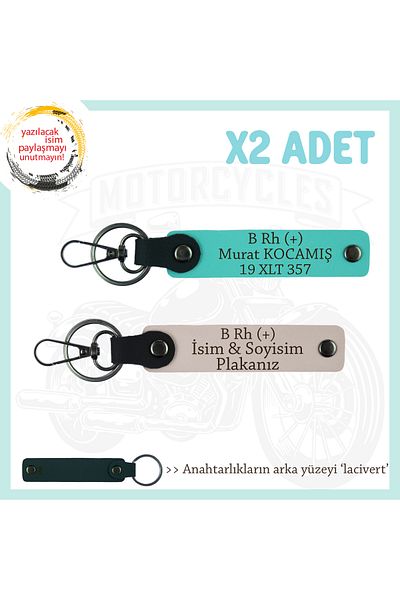 miawiki B Rh (+) Blood Group Written Leather X2 Keychain, Powder-Turquoise-Navy, Custom Name Plate for Biker Riders
