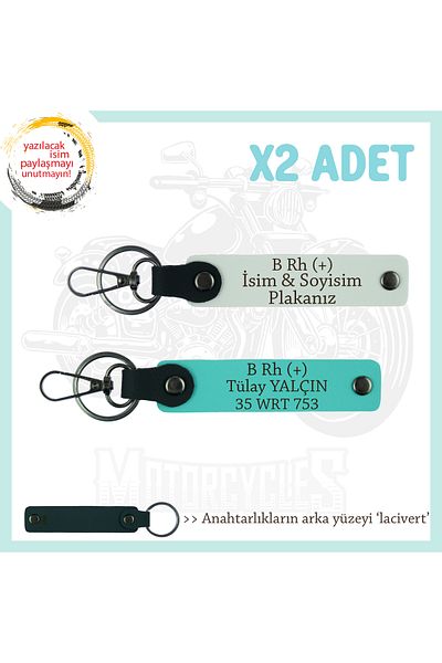 miawiki Gift, White-Turquoise-Navy, for Motor Lovers, Name Plate and B Rh (+) Blood Group Keychain with X2