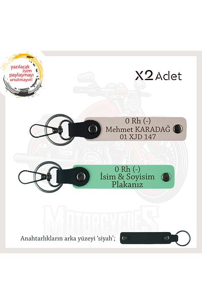 miawiki Gift X2 Keychain Set, Green-Powder-Syh, Biker Style Special, Name Plate and 0 Rh (-) Blood Group