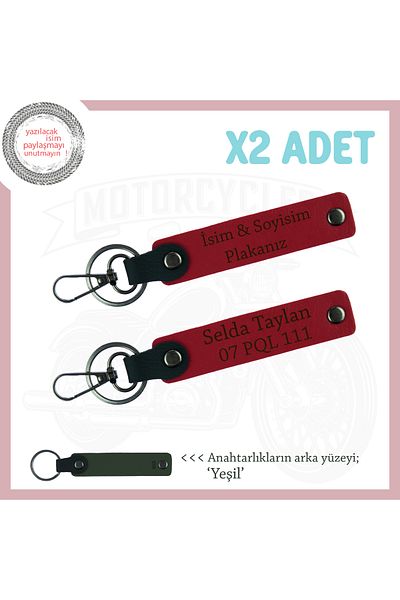 Miaju For Bikers, Special Design Leather Keychain Set with Your Name and License Plate Written, Red-Green