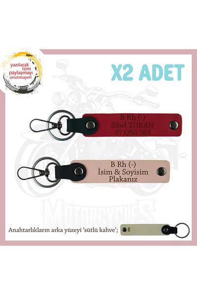 miawiki X2 Keychain, Yavruağzı-Red-Sk, Biker Your Loved Ones Name Plate and B Rh (-) Blood Group Written