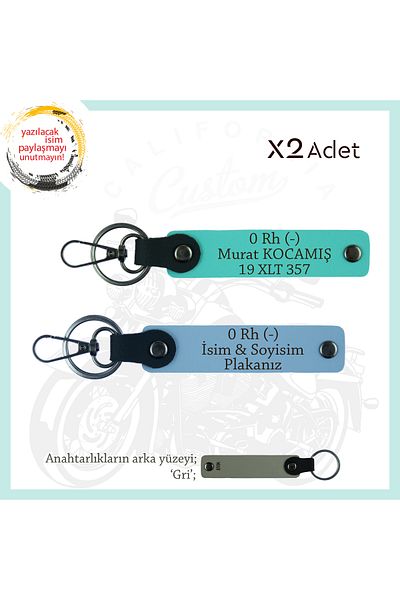 miawiki Custom Design X2 Keychain with Name Plate and 0 - Blood Group Written, Blue-Turquoise-Gr, Motorcycle Lovers