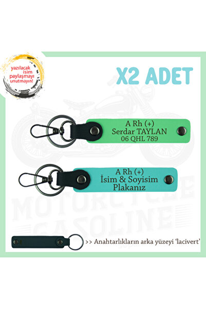 Asortishey سلسلة مفاتيح جلدية x2 مع لوحة اسم وحروف Rh (+) ونوع الدم، تركواز-F...