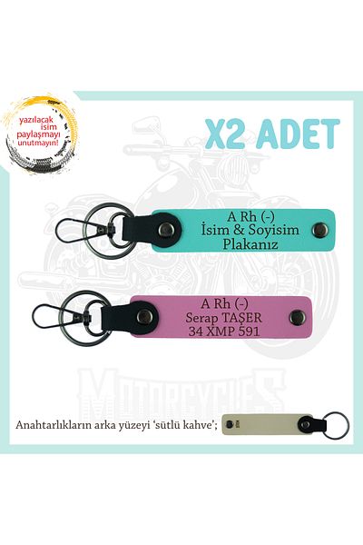 miawiki 2 Keychains with Name Plate and a Rh (-) Blood Group Written, Pink-Turquoise-Sk, for Motorcycle Lovers