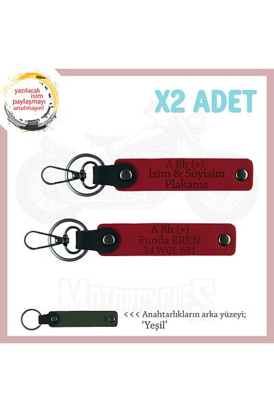 Miaju Motorcycle Adventurers, Set of 2 Keychains with Name Plate and a Rh + Blood Type Lettering, Red-Ysl