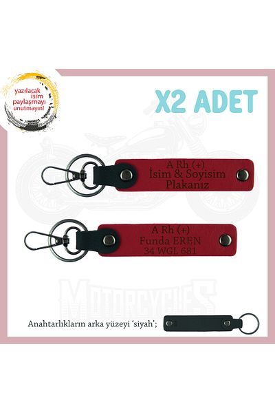 Miaju Gift for Motorcycle Rider Name Plate and a Rh + Blood Group Lettering 2'Li Keychain Set, Red-Syh
