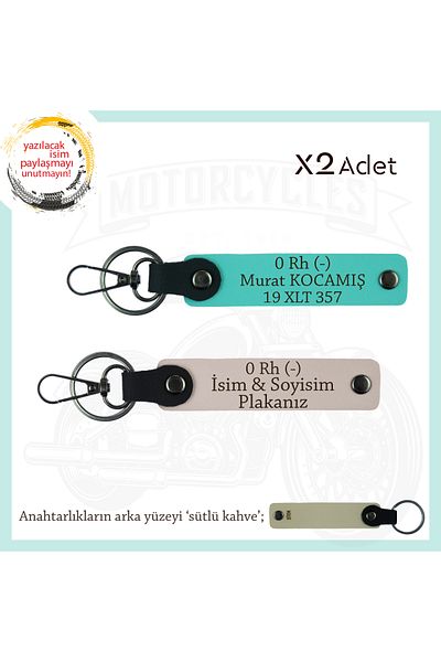 miawiki Name Plate and 0 Rh (-) Blood Group Written Leather X2 Keychain, Powder-Turquoise-Sk, Custom for Biker Passengers