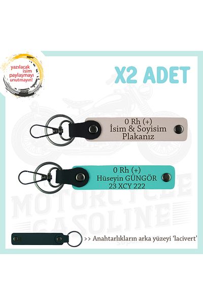 miawiki 0 Rh (+) Blood Group Written Leather X2 Keychain, Powder-Turquoise-Navy, Custom Name Plate for Biker Passengers