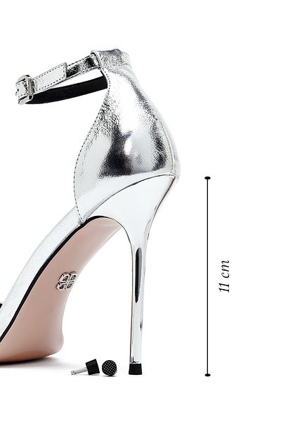 Derimod Women's Silver Ankle Buckle High Thin Heeled Metallic Leather Sandals 25Sfd494532