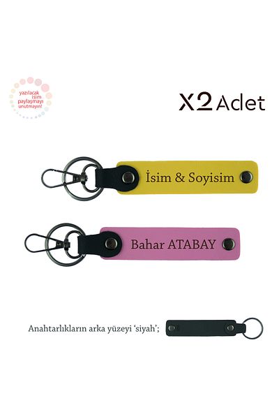 Miaju Birthday Gift for Student, Set of 2 Keychains with Name and Surname Written, Yellow-Pink-Black