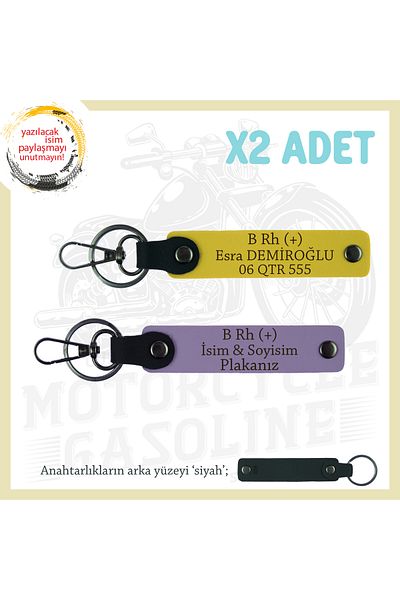 Miaju Exclusive for Speed Enthusiasts, Leather X2' Keychain with Name Plate and B Rh (+) Blood Type Lettering, Purple-Yellow-Syh