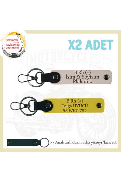 miawiki Leather X2 Set Keychain, Powder-Yellow-Navy, Name Plate B Rh (+) Blood Group Written for Biker Friendly