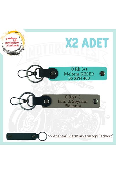 miawiki 2-Piece Gift Keychain with Name Plate and 0 Rh (+) Blood Type Written, Ash Gray-Turquoise-Navy, Biker Style