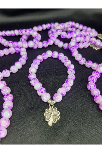 makadi Purple Marble Pattern Beaded Four Leaf Clover Bracelet