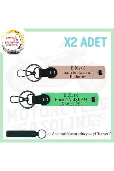 miawiki Name Plate and B Rh (-) Blood Group Written X2 Keychain, Yavruağzı-F Green-Navy, Special for Motor Lovers