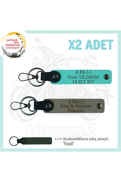 miawiki Set of 2 Keychains with Name Plate and a Rh (-) Blood Group Written, Ash Grey-Turquoise-Ysl, Special for Biker Style