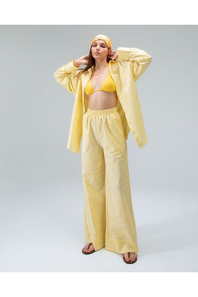 Tt Line Palazzo Pants Women Regular Side Pockets Cotton Linen Loose Wide Leg Elastic Waist Organic Yellow Blue Pink