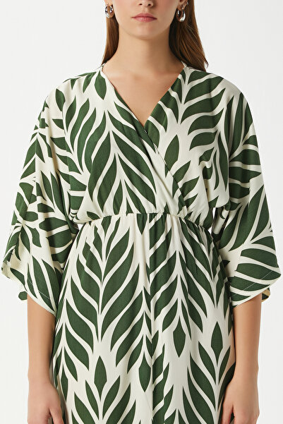 Ritnice Women's Isabel Green Ecru Double Breasted Viscose Dress with Elastic Waist Slit