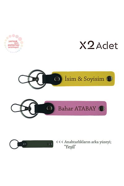 Miaju Stylish Gift for Relatives, Set of 2 Leather Keychains with Name and Surname Written, Yellow-Pink-Green