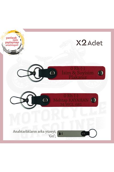Miaju Motorcycle Adventurers , Gift Keychain Set with Nameplate and 0 Rh - Blood Type Lettering , Red-Gr