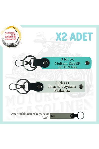 Miaju For Motor Lovers, X2 Keychain with Name Plate and 0 Rh (+) Blood Type Written, Gift, White-Turquoise-Gr