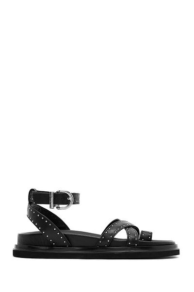 Derimod Women's Black Ankle Buckle Metal Detailed Leather Sandals 25Sfd270418