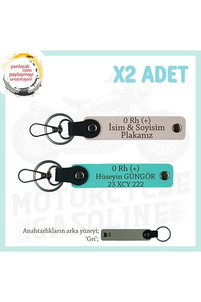 miawiki Name Plate and 0 Rh (+) Blood Group Written Leather X2 Keychain, Powder-Turquoise-Gr, Custom for Biker Passengers