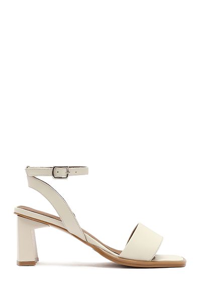 Derimod Women's Cream Ankle Buckle Thick Heeled Leather Sandals 25Sfd131218