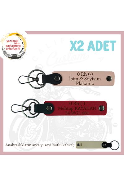 miawiki X2 Keychain, Yavruağzı-Red-Sk, Biker with Name Plate for Loved Ones and 0 Rh (-) Blood Group Written