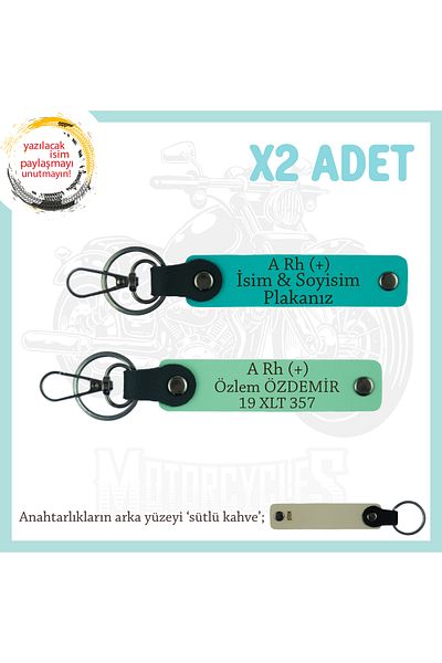 miawiki Name Plate & a Rh (+) Blood Type Written X2 Keychains, Green-K Turquoise-Sk, Special for Biker Style