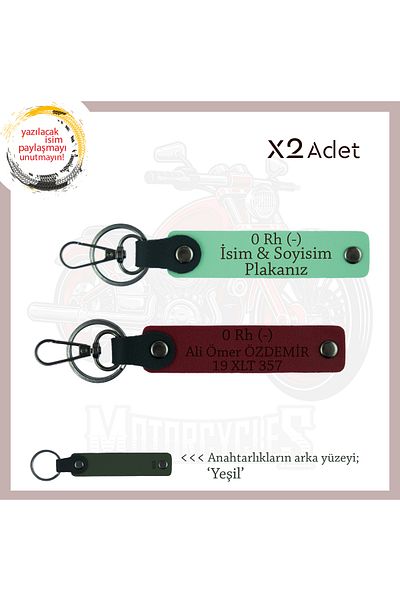 miawiki Name Plate and 0 Rh (-) Blood Group Written X2 Keychain Set, Green-Burgundy-Ysl, Custom for Biker Friends