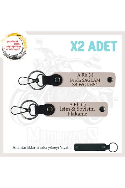 miawiki Set, Pudra-Syh, Leather X2 Keychain with Name Plate and a Rh (-) Blood Group Written for Motorcycle Adventurers