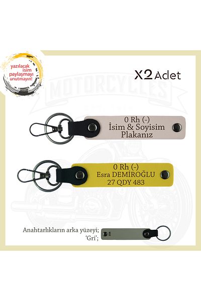 miawiki Gift Leather X2 Keychain, Powder-Yellow-Gr, Special for Biker Friends, Name Plate and 0 Rh (-) Blood Group