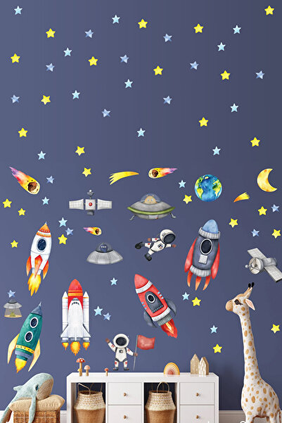 KT Decor Set de autocolante de perete pentru camera băieților cu astronauți și vehicule spațiale