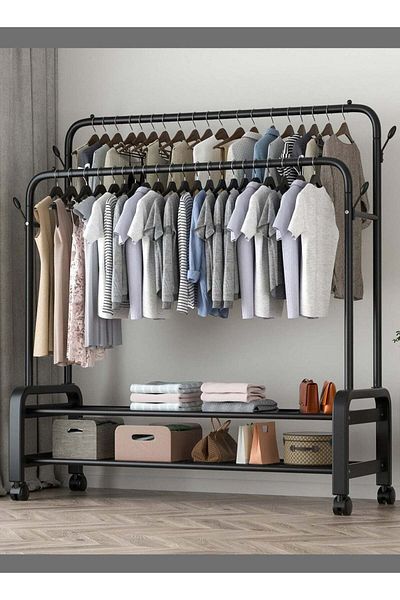 Generic Metal Clothes Hanger Organizer and Black Clothes Stand with Wheels 110x55x150 cm