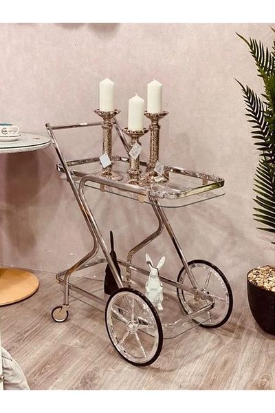 private house Taiwanese silver steel glass tea trolley