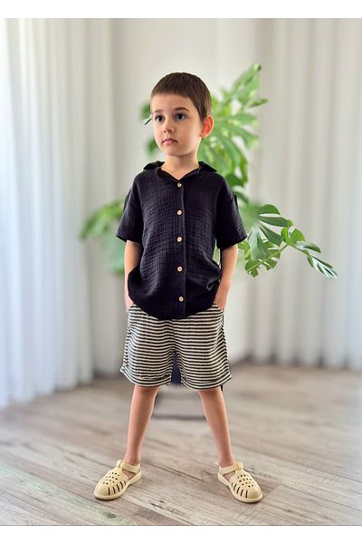 My Baby's World Black Loose Shirt Striped Shorts Boy's Sile Cloth Muslin Suit Mtye0085