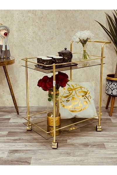 private house Taiwanese gold steel glass tea cart
