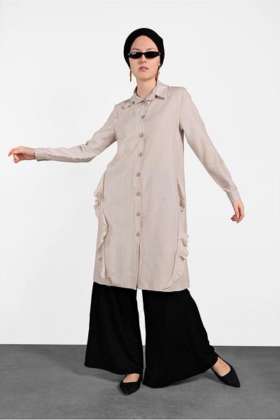 TRENDTESETTÜR Women's Beige (STONE) Ruffle Detailed Buttoned Tunic 0945