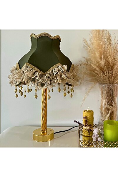 Dekovien Haki Renk Sendi Kumaş Kaplı Gold Detay Vintage Abajur 45x27cm HK00124