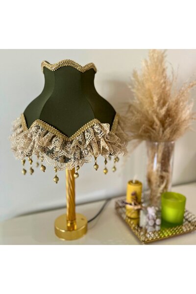 Dekovien Haki Renk Sendi Kumaş Kaplı Gold Detay Vintage Abajur 45x27cm HK00124