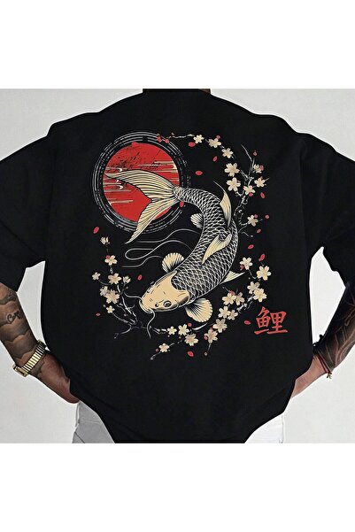 ship master Erkek Oversize Tişört - Japon Koi Balığı ve Sakura Çiçek Desenli