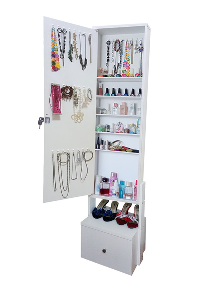 First Mobilya Yıldız Demonte Tek Çekmeceli Hediyelik çok amaçlı Aynalı Takı Dolabı Beyaz