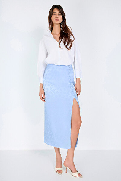 boneqa barcelona Jakarlı Önden Düğme Detaylı Mavi Midi Etek