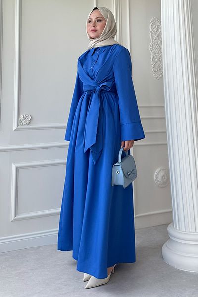 InStyle Wide Sleeve Binding Detail Poplin Saks Blue Dress