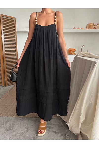 Ekim Store Linen Stone Strap Casual Long Dress